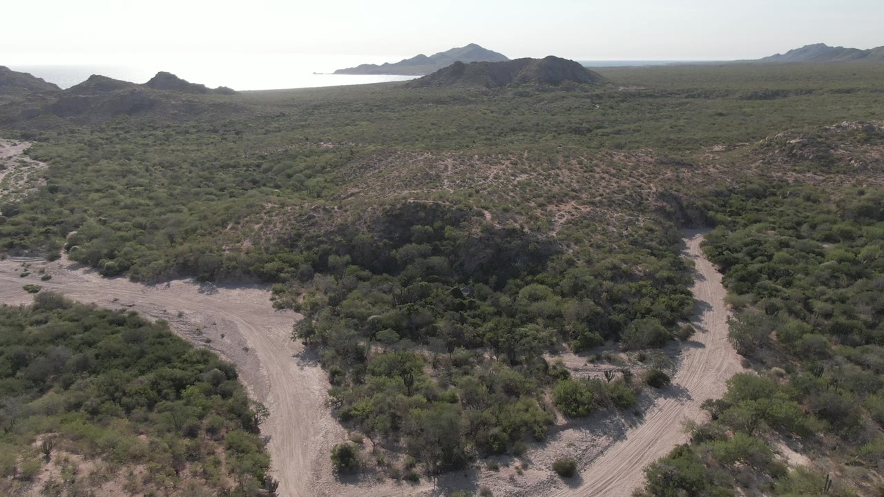 The view looks over a pale road cutting between green coastal desert hills in Cabo Pulmo, with darker mountain shapes and ocean haze beyond, and no visible people.