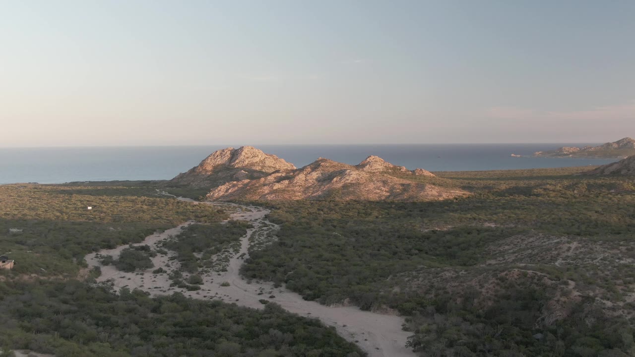Elevated Cabo Pulmo frame with the dirt track more centered through dense green vegetation, rocky hills lit by low sun, ocean horizon behind, and no visible people.