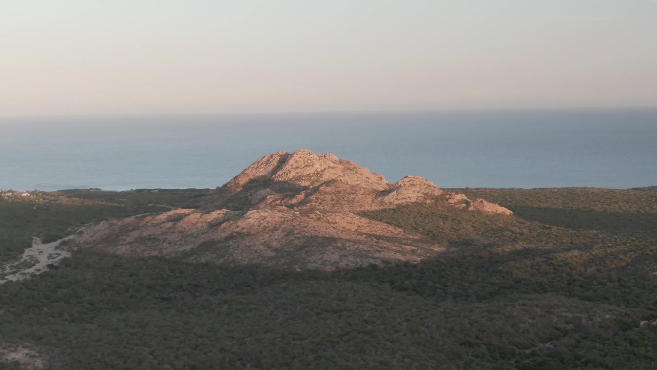Mid-early frame from Cabo Pulmo with the rocky hill held near center, forest filling the lower frame, a soft blue ocean band behind, and no visible people.