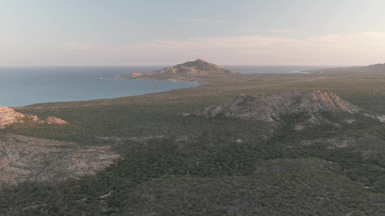Aerial view in Cabo Pulmo with dark green vegetation across the lower frame, low rocky mountains, ocean water at left, hazy dusk sky, and no visible people.