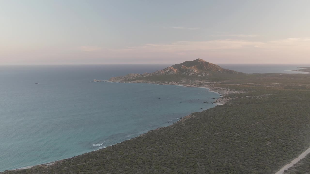Aerial view in Cabo Pulmo showing the coastline curving around blue water, dense dry vegetation across the foreground, a light dirt road at the lower edge, a hill in the distance, and no visible people.