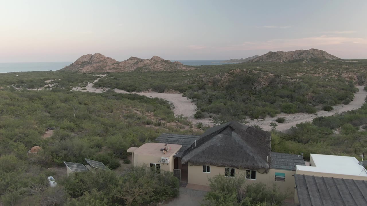 Aerial view in Cabo Pulmo, Baja California Sur, showing a thatched-roof house, solar panels, sandy paths, green desert scrub, rocky hills, distant water, and no visible people.