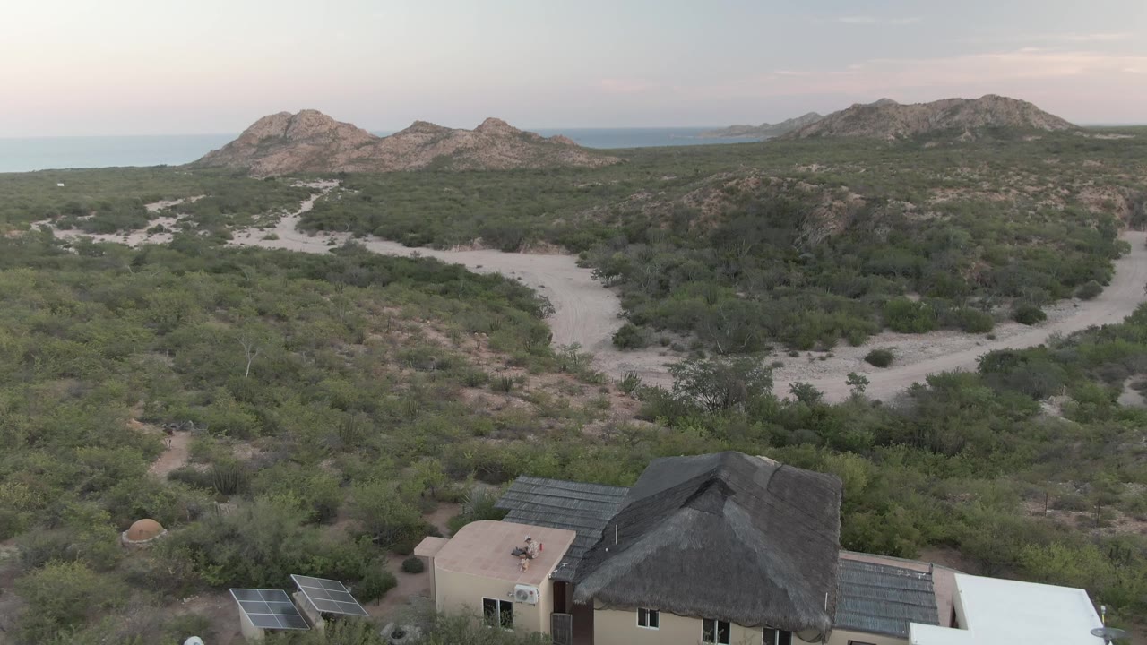 Aerial view in Cabo Pulmo, Baja California Sur, with rooftops along the lower edge, sandy roads curving through dense green scrub, rocky hills beyond, and no visible people.