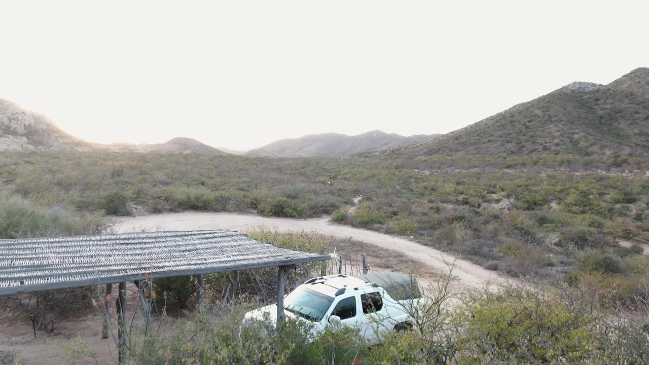 The white SUV is framed at the right of a low wooden shelter in Cabo Pulmo, with scrub vegetation in front, a dirt road behind, and no visible people.