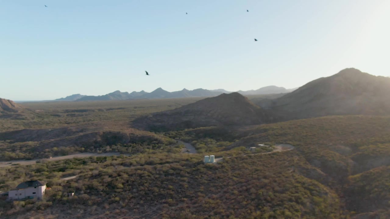 Aerial frame over Cabo Pulmo arid hills with winding dirt roads, small white structures, distant mountains, birds in the sky, and no visible people.