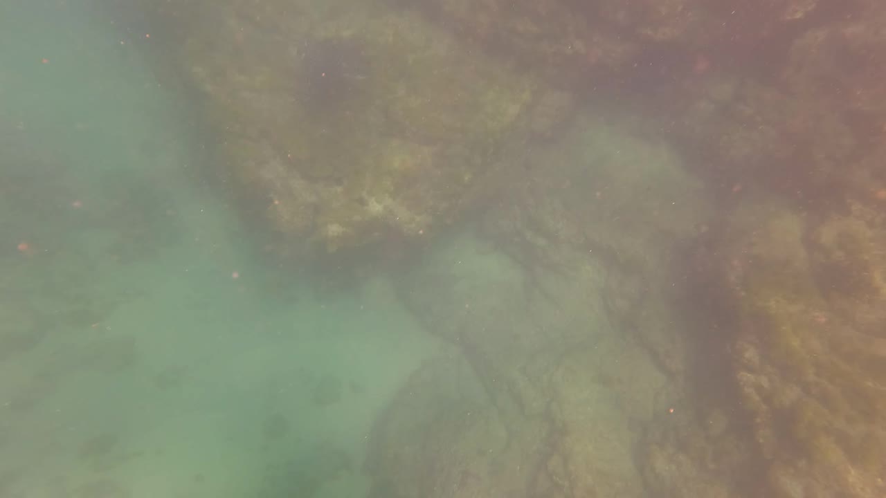 San Jose Del Cabo underwater frame where larger rounded rocks appear on the right through turquoise haze, with drifting particles and no visible people.