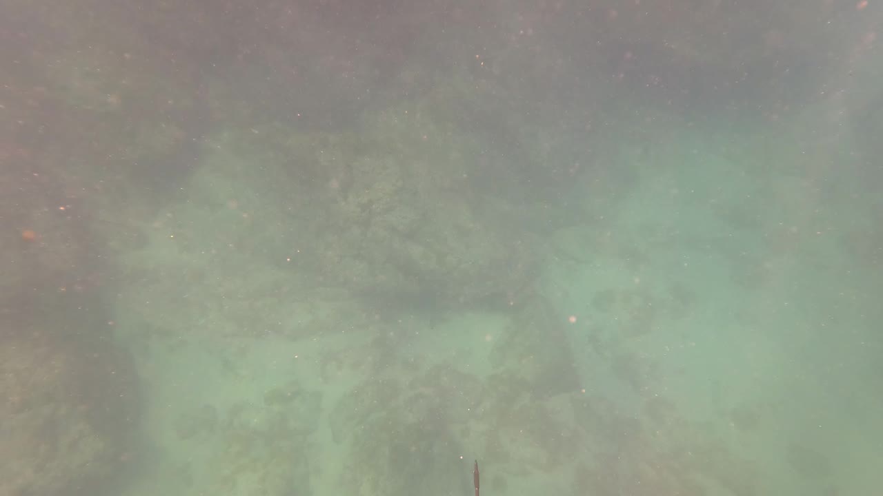 Rocky underwater seabed with faint speargun tip at edge