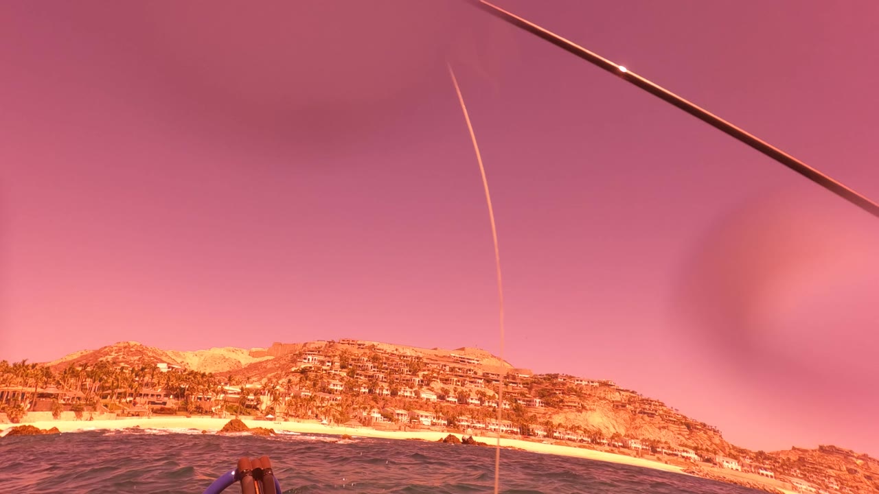Low offshore view in San Jose del Cabo with rippled ocean in front, a fishing rod crossing the sky, coastal hills and beach in the distance, and no visible people.
