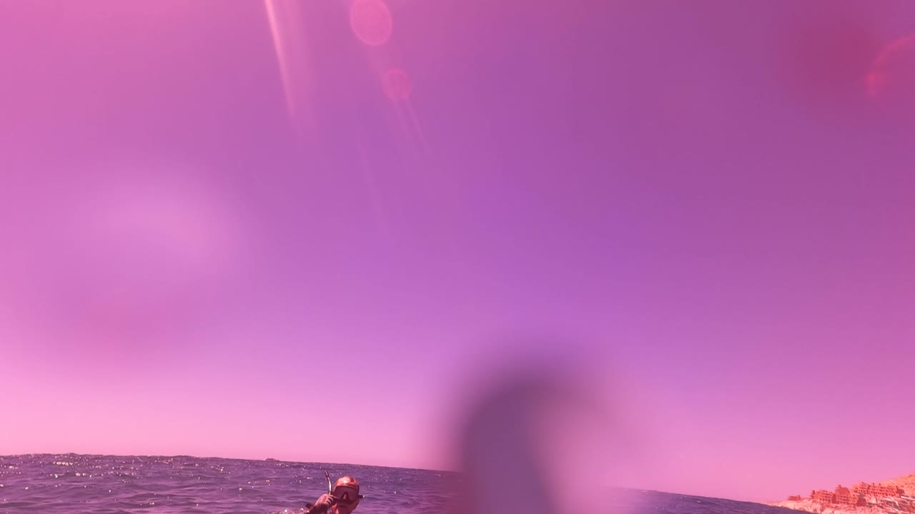 Ocean horizon with a distant swimmer and pink sky.