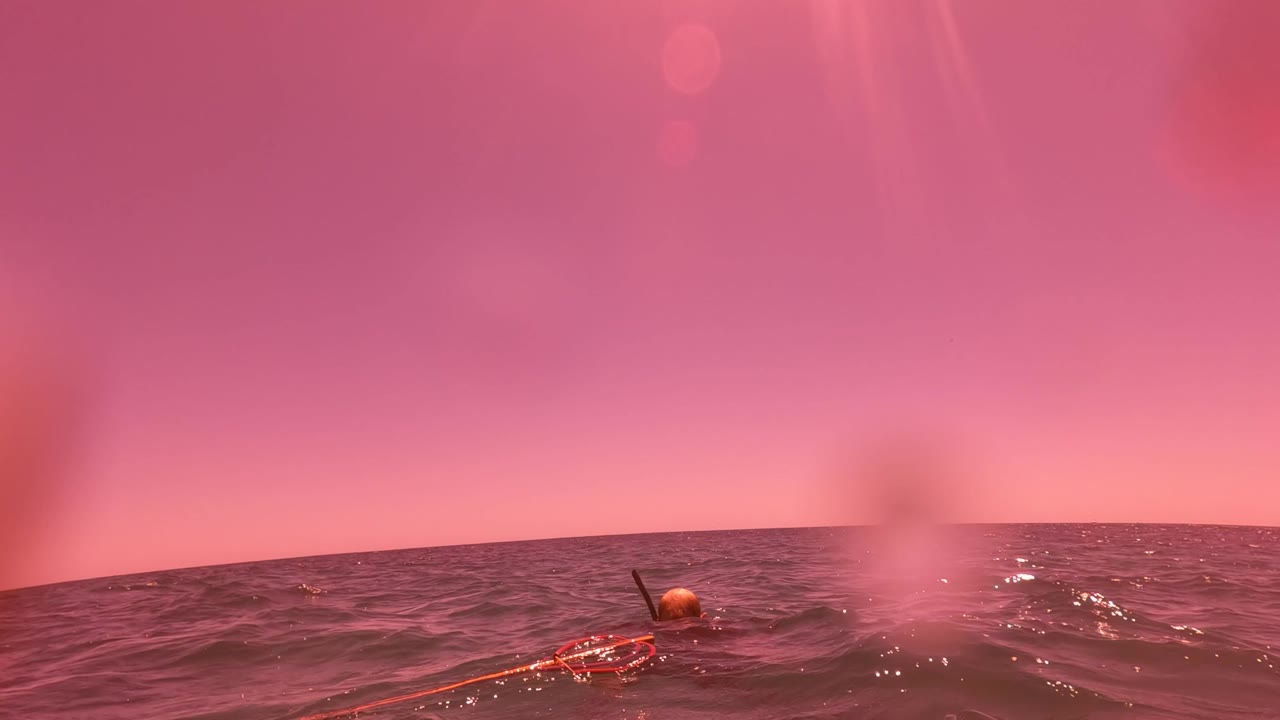 The San Jose del Cabo waterline view shows a small orange shape near the right side, dark rippling water, and a pink sky with blurred droplets on the lens.