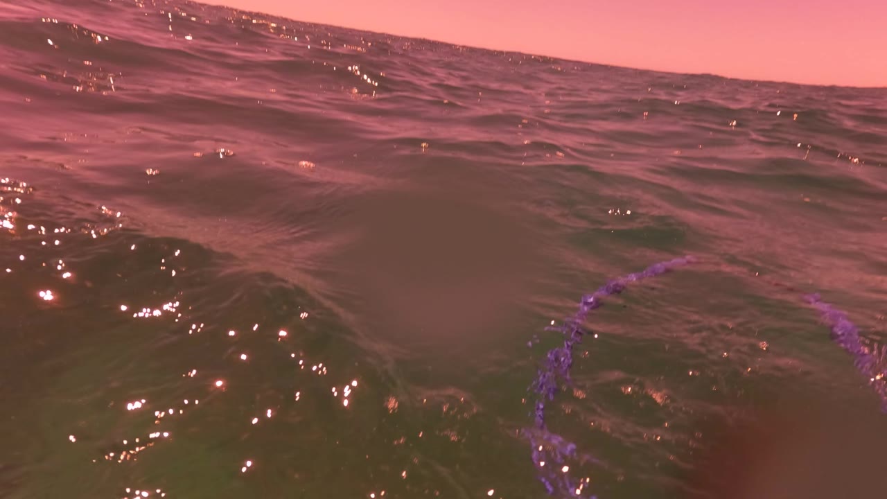 Water-level view near San Jose del Cabo showing darker rippled ocean, pink sky color, bright surface glints, and a purple ring-shaped object at the right edge, with no visible people.