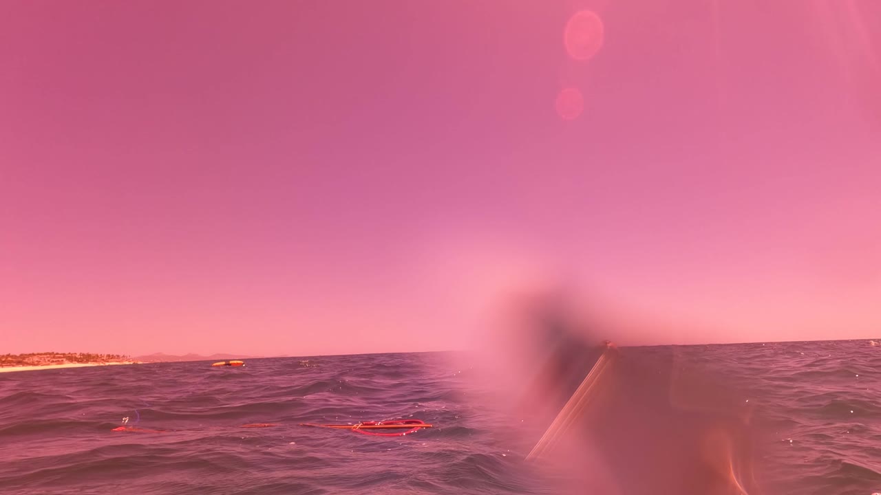 Waterline view in San Jose Del Cabo, Mexico, with rolling dark water, a pink sky, orange flotation elements, distant land, and a dark edge of gear or vessel at frame right.