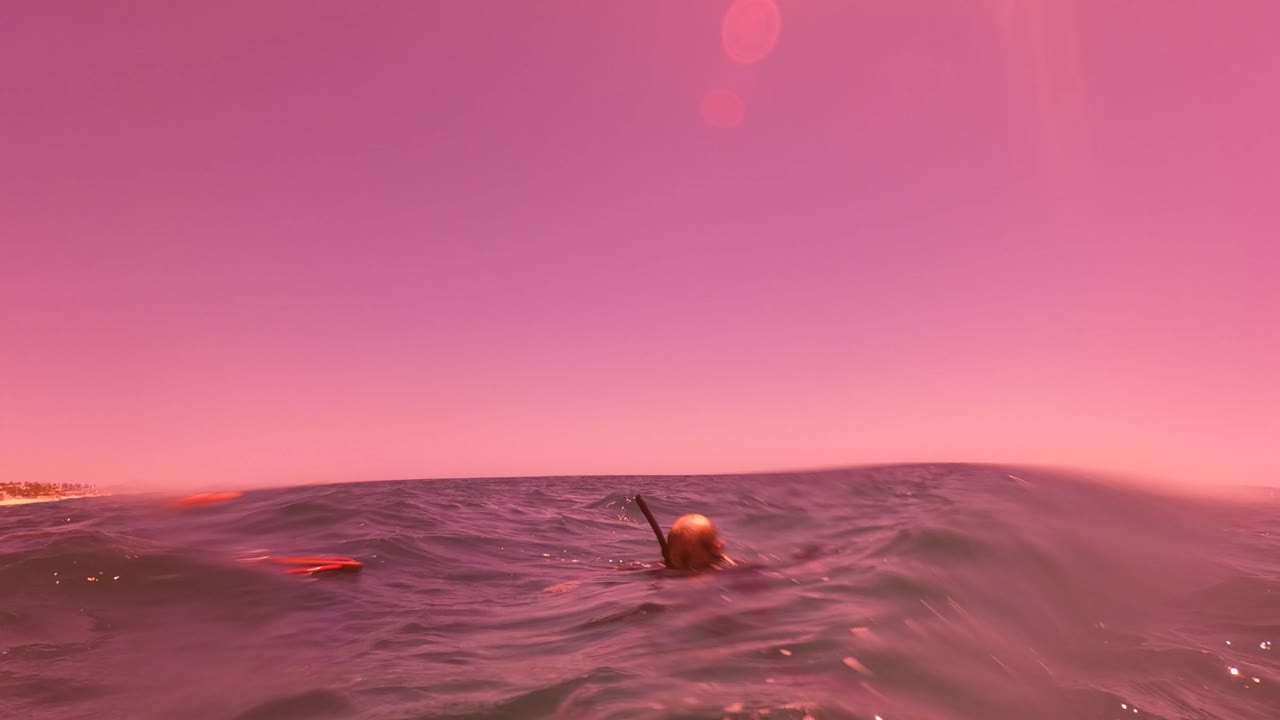 A snorkeler is visible to the right of the San Jose Del Cabo ocean frame as a darker rolling wave crosses the foreground beneath a pink sky.