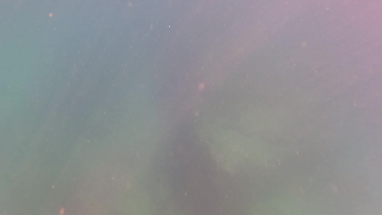 Hazy underwater view with dark dock structure in green-blue water
