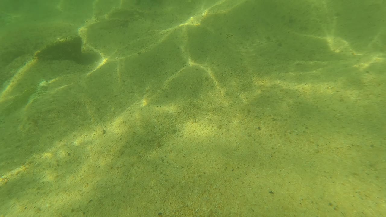 Sandy ocean floor in San Jose Del Cabo, Baja California Sur, with green water and denser bright caustic lines across the center, no visible people.