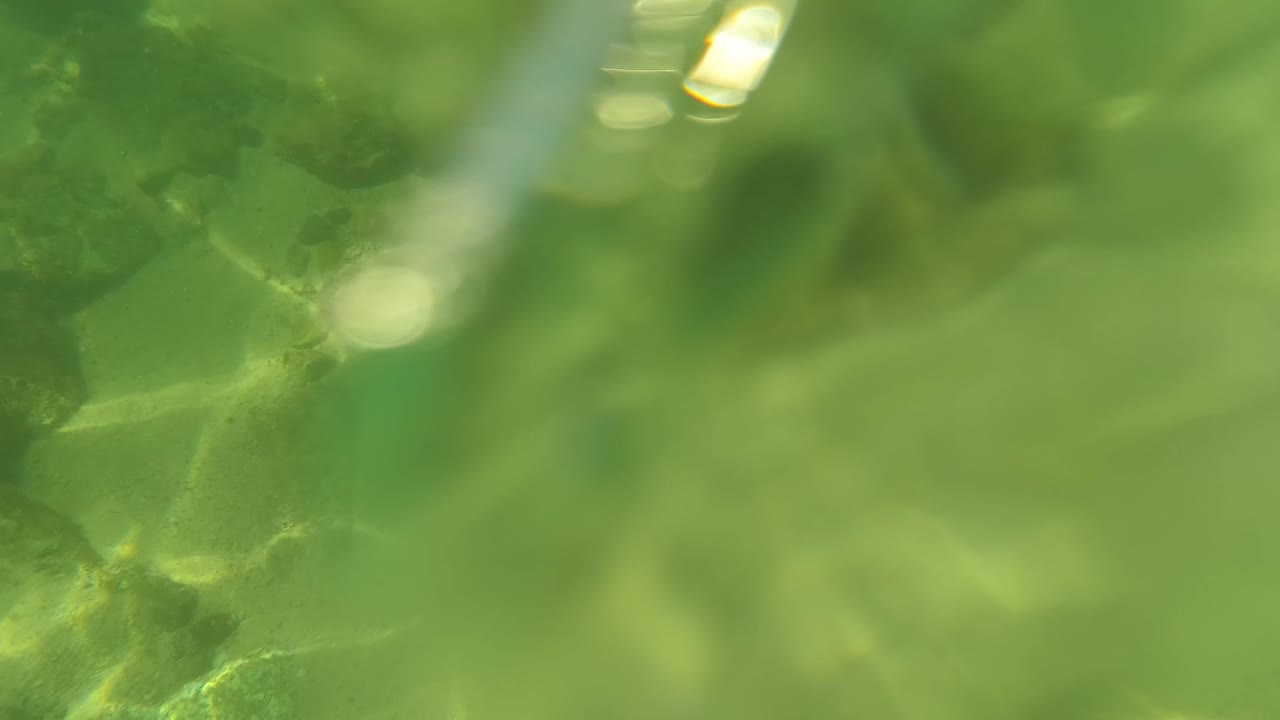 The transition point in San Jose Del Cabo, Baja California Sur, shows soft green foreground blur with submerged rocks appearing behind it, no visible people.