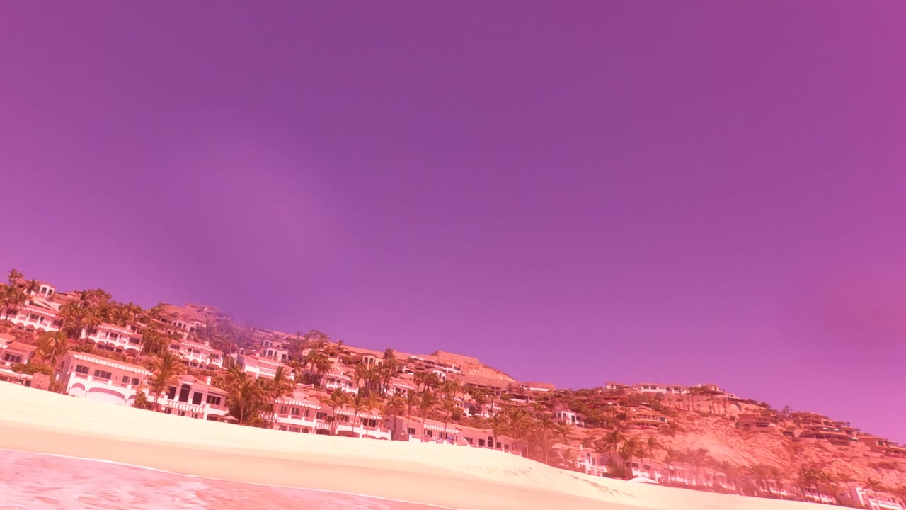 Tilted coastline with sandy beach, hillside buildings, palms, and purple sky.