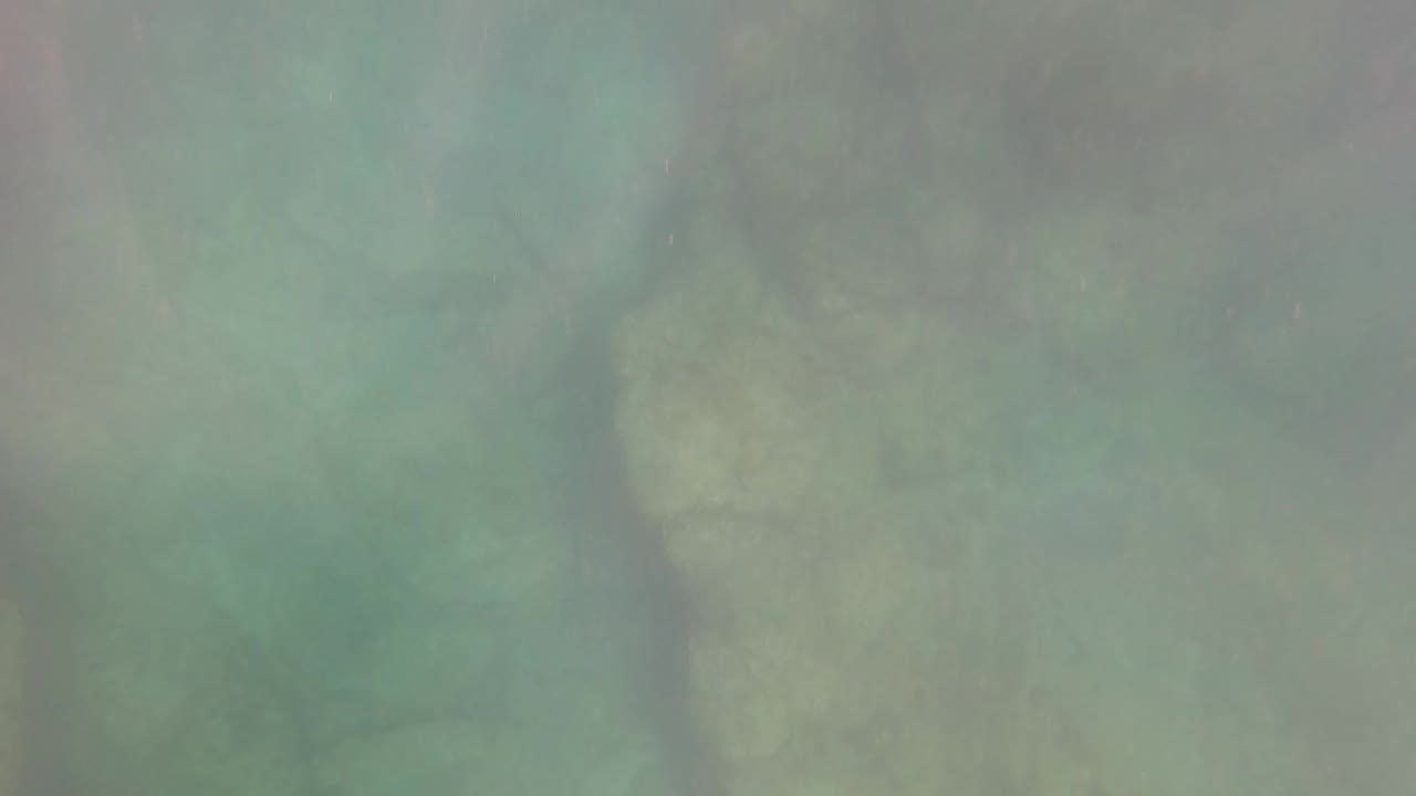 Clear green-blue water reveals broad submerged rock shapes on the seabed in San Jose Del Cabo, Mexico, with no visible people.