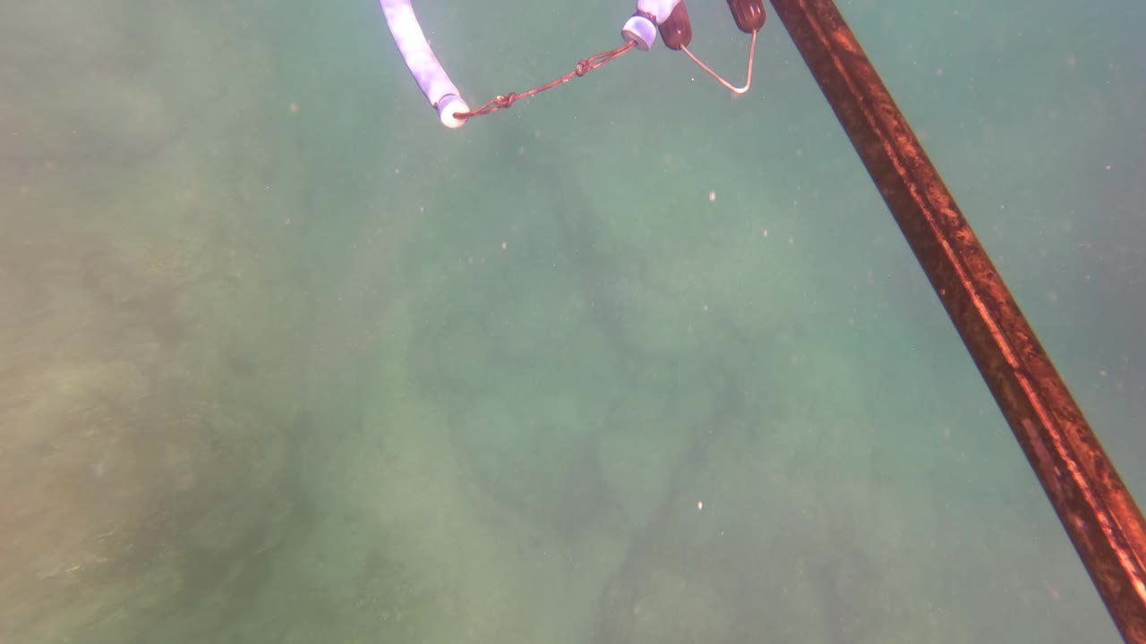 Rusty pole with attached rope and small float crosses above hazy underwater rocks in San Jose del Cabo, with no visible people.
