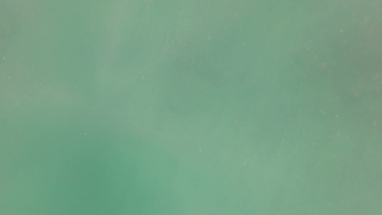 Early San Jose Del Cabo underwater frame with pale green-blue water, subtle cloudy layers, drifting particles, and no visible people.
