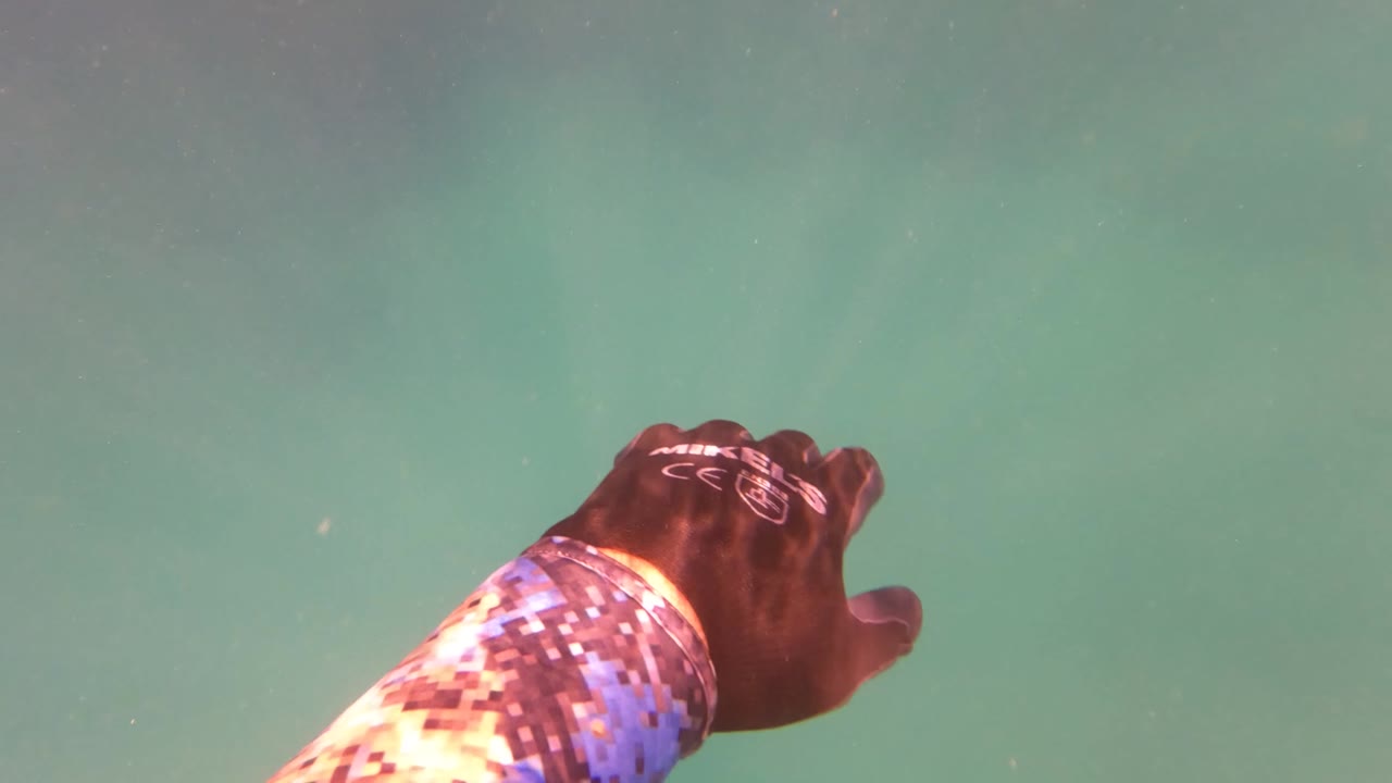 Blue-green underwater space in San Jose Del Cabo shows faint darker patches below the surface color, fine particles, and no visible people.