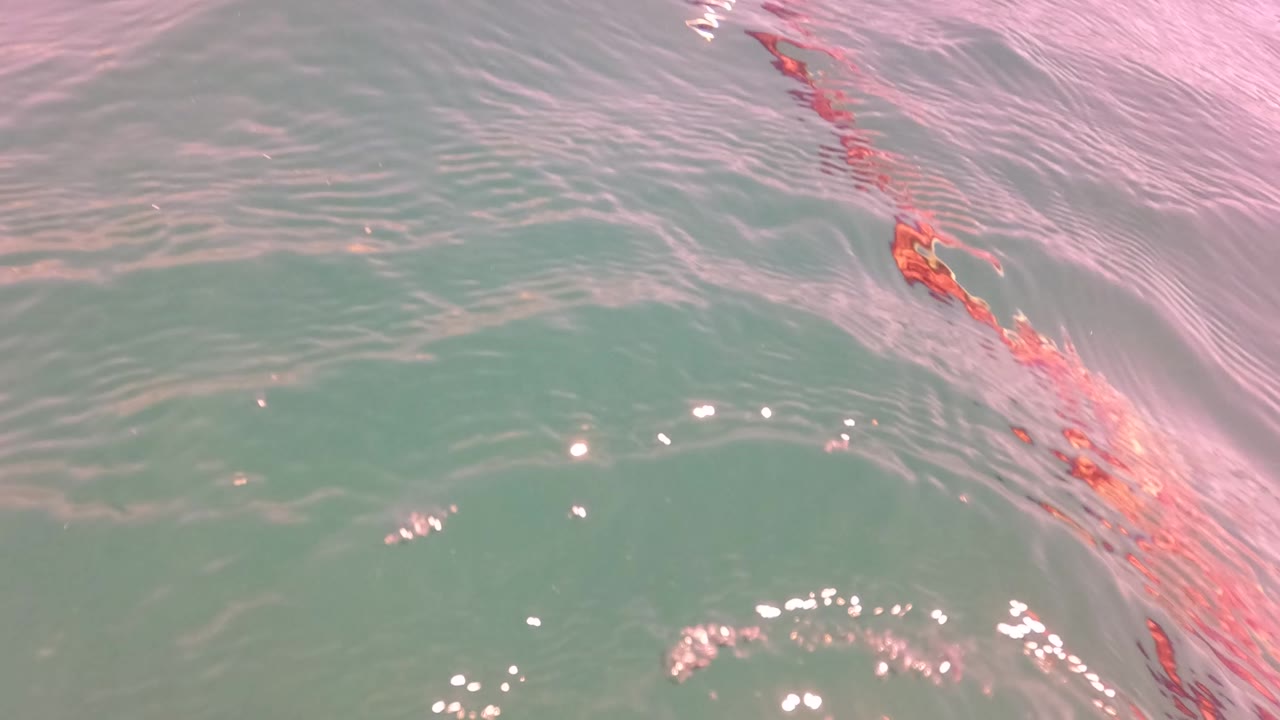 Rippling surface water in San Jose Del Cabo with green color, bright glints, pink highlights, and no visible people.