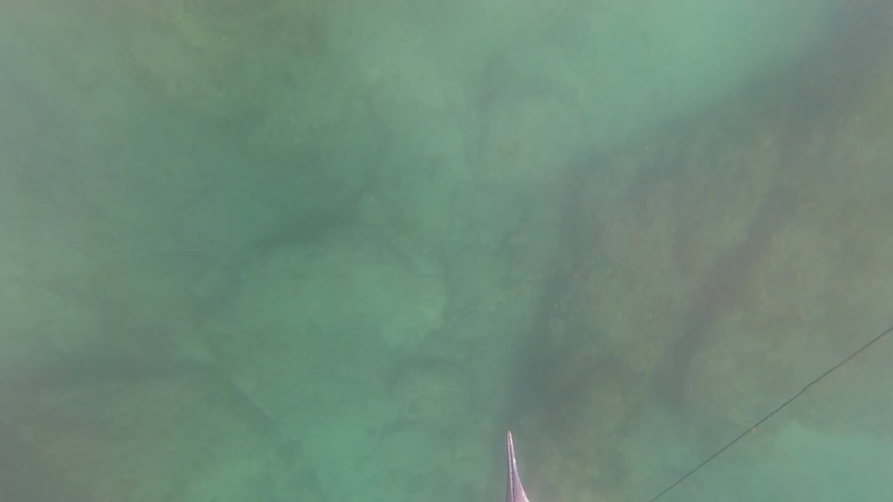 Green clear water covers large rocky shapes in San Jose Del Cabo, with a pointed tool tip low in frame and a thin dark line crossing the view, with no visible people.