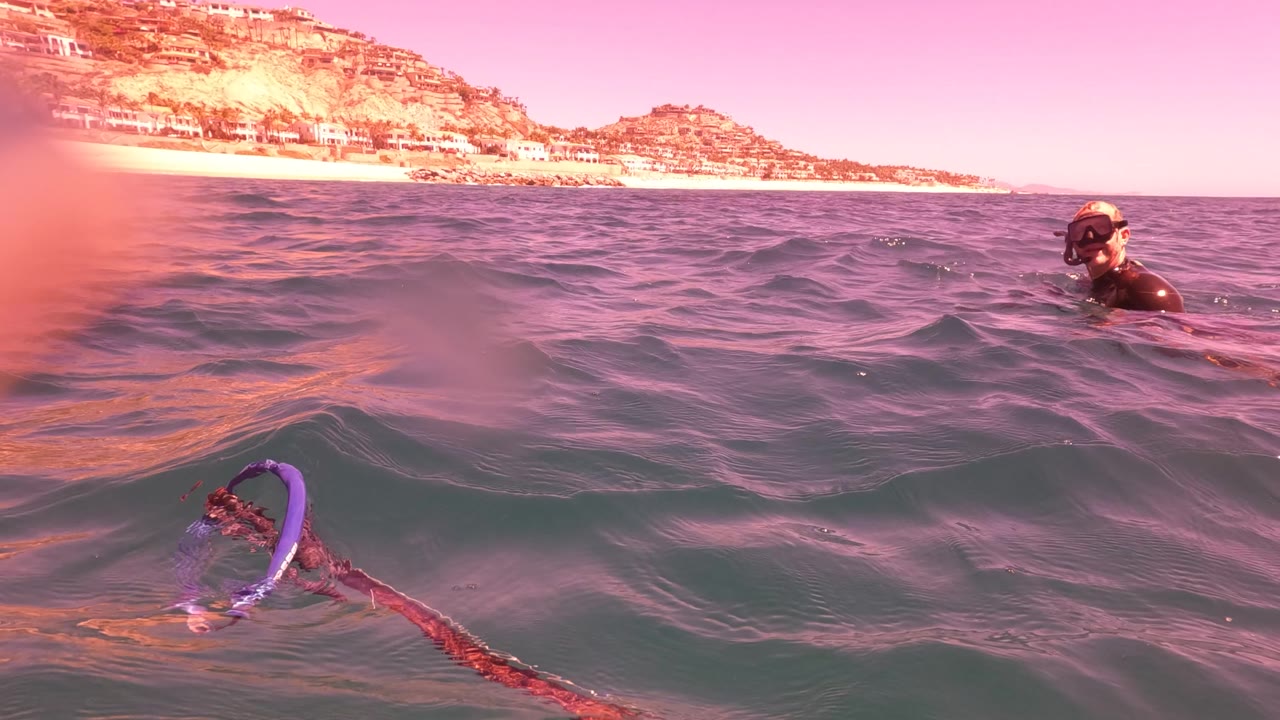 Snorkeler farther right in choppy water with the fishing line in front.