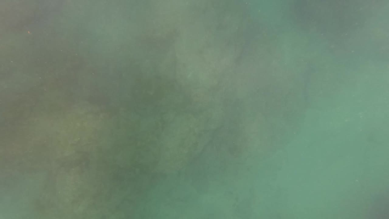 The camera is underwater in San Jose del Cabo, Baja California Sur, looking through green haze toward faint rocky seabed texture with no recognizable people.