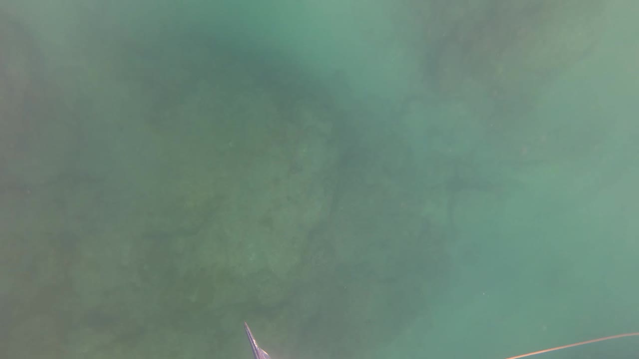 Underwater frame from San Jose Del Cabo showing green-blue water, a soft rocky seabed, a small hook or lure at the lower left, and no visible people.