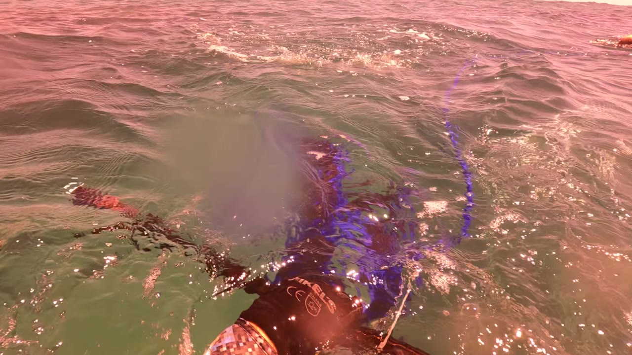 At San Jose Del Cabo, choppy ocean water surrounds a partly visible snorkel or gear tip and a blue flipper edge beneath pink sunset light.
