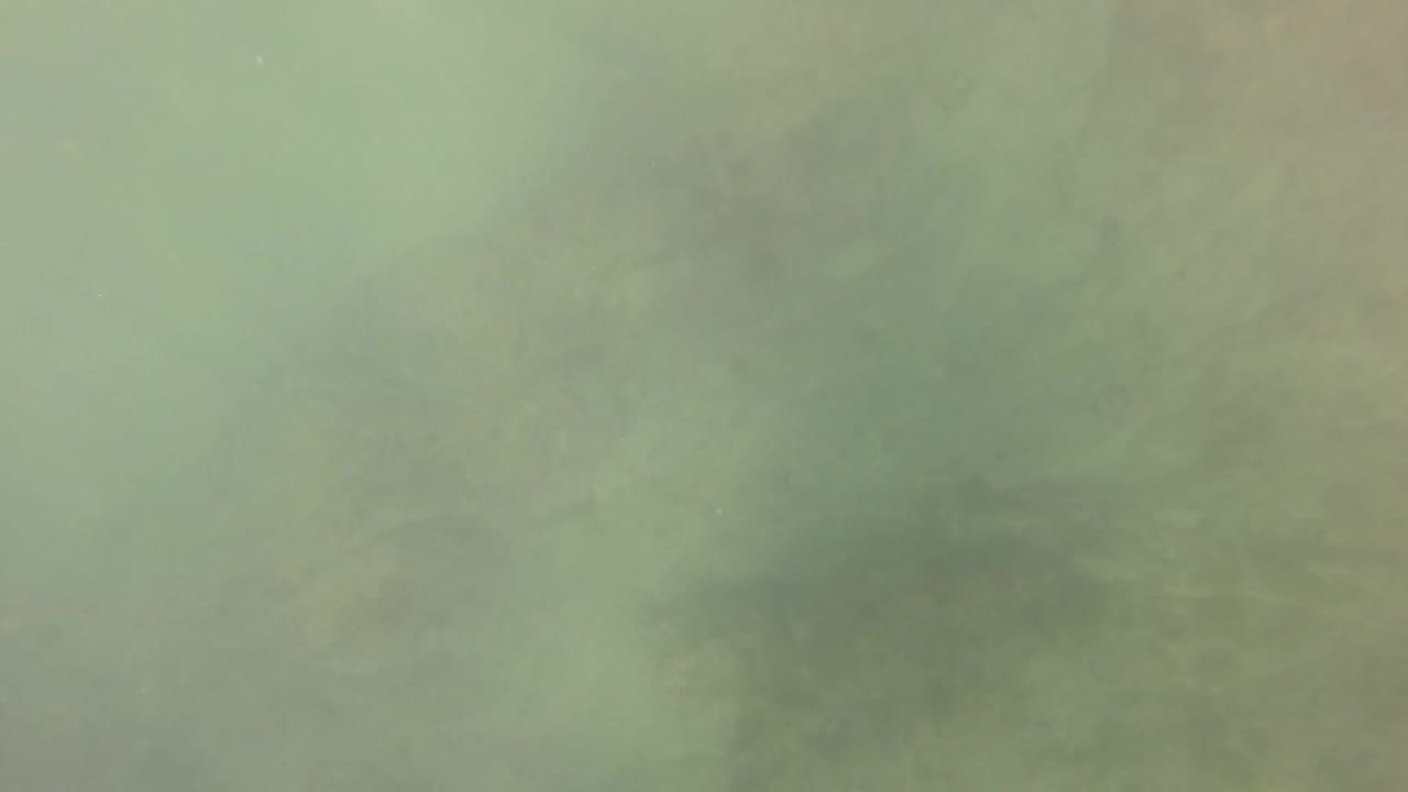 Cloudy green underwater view of rocks beneath moving water.