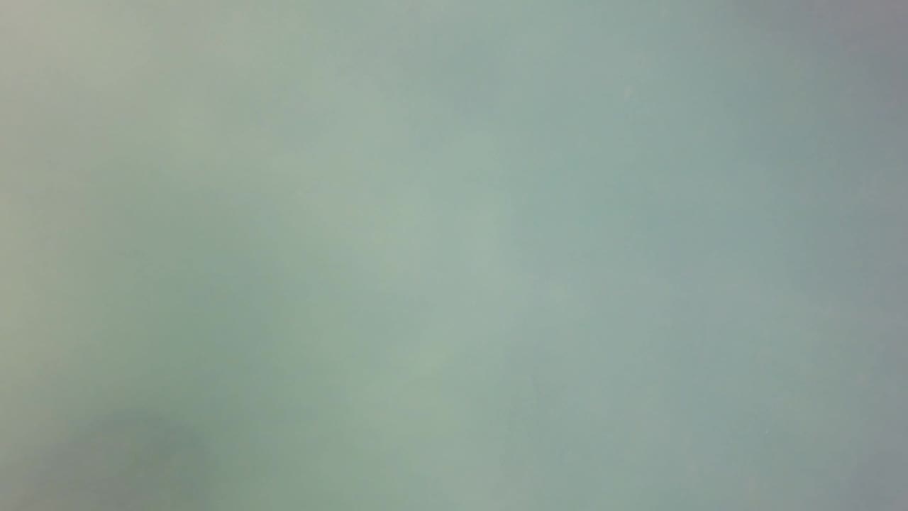 Cloudy green underwater view with faint rock texture along the lower left.