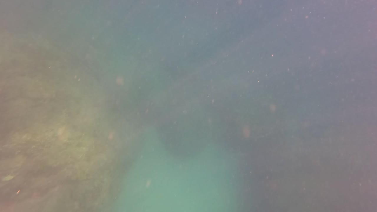 Hazy underwater frame from San Jose Del Cabo showing a larger rock mass emerging through green-blue water and drifting sediment, with no visible people.