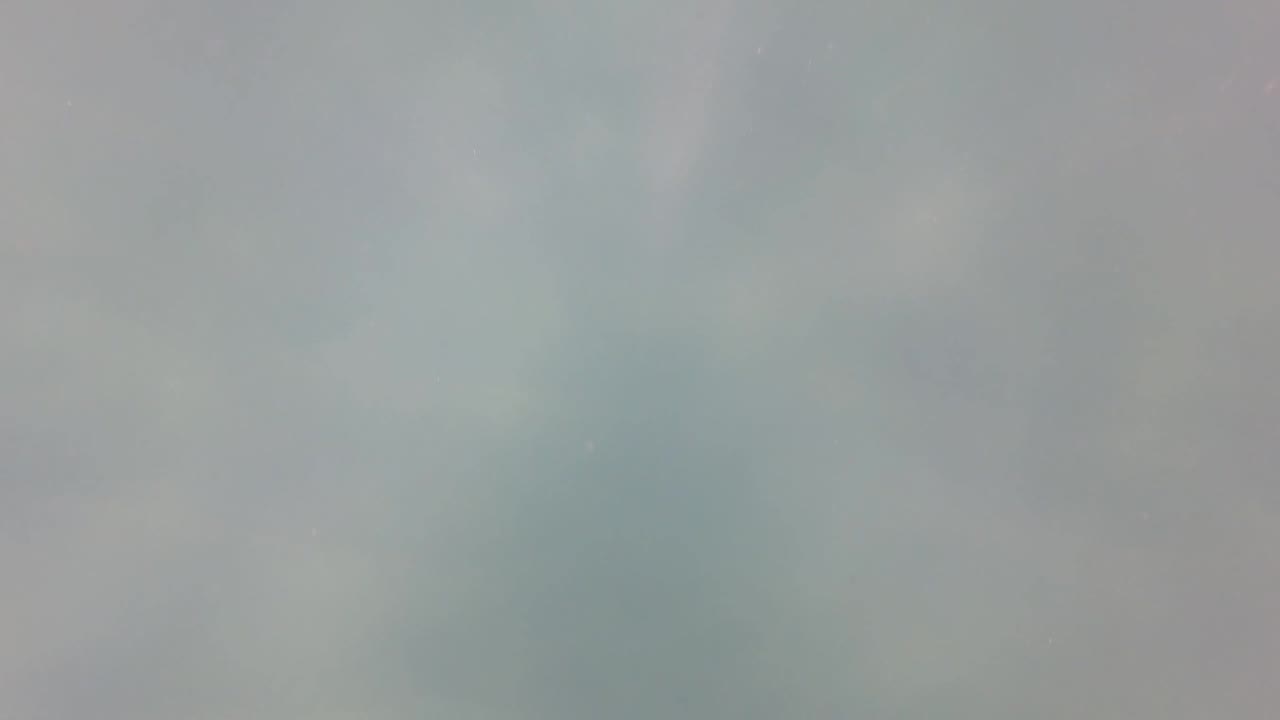 Out-of-focus underwater scene in San Jose Del Cabo with pale green water, soft gray patches, suspended haze, and no visible people.