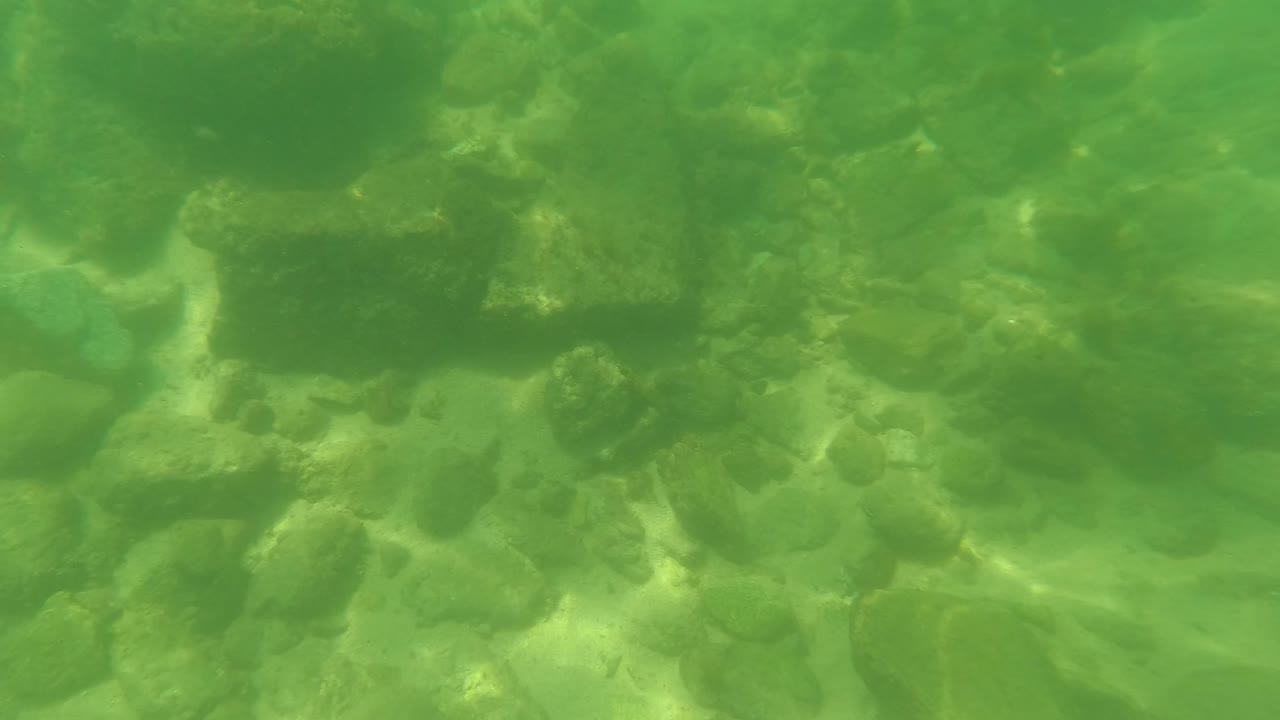 Underwater rocks and pebbles in green clear water