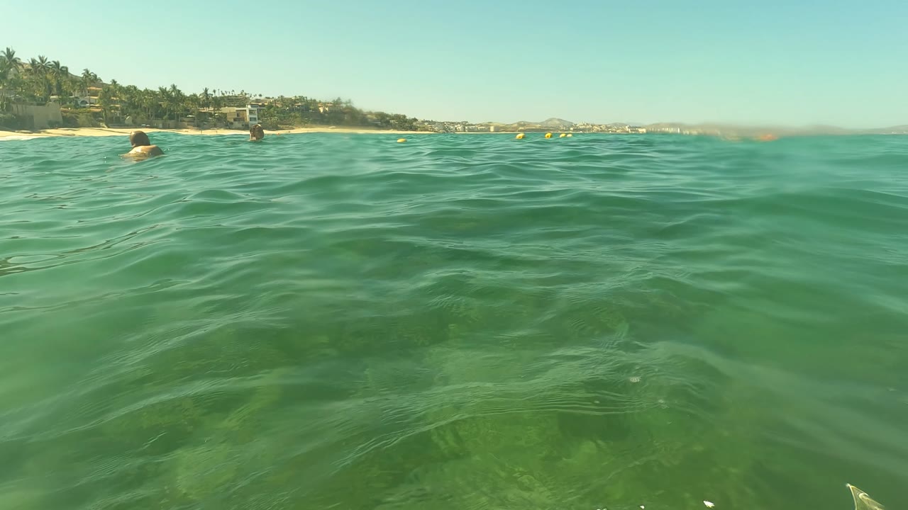 Waterline frame in San Jose del Cabo, Mexico, showing green ocean water in the foreground, a distant beach, and several people visible in the water.