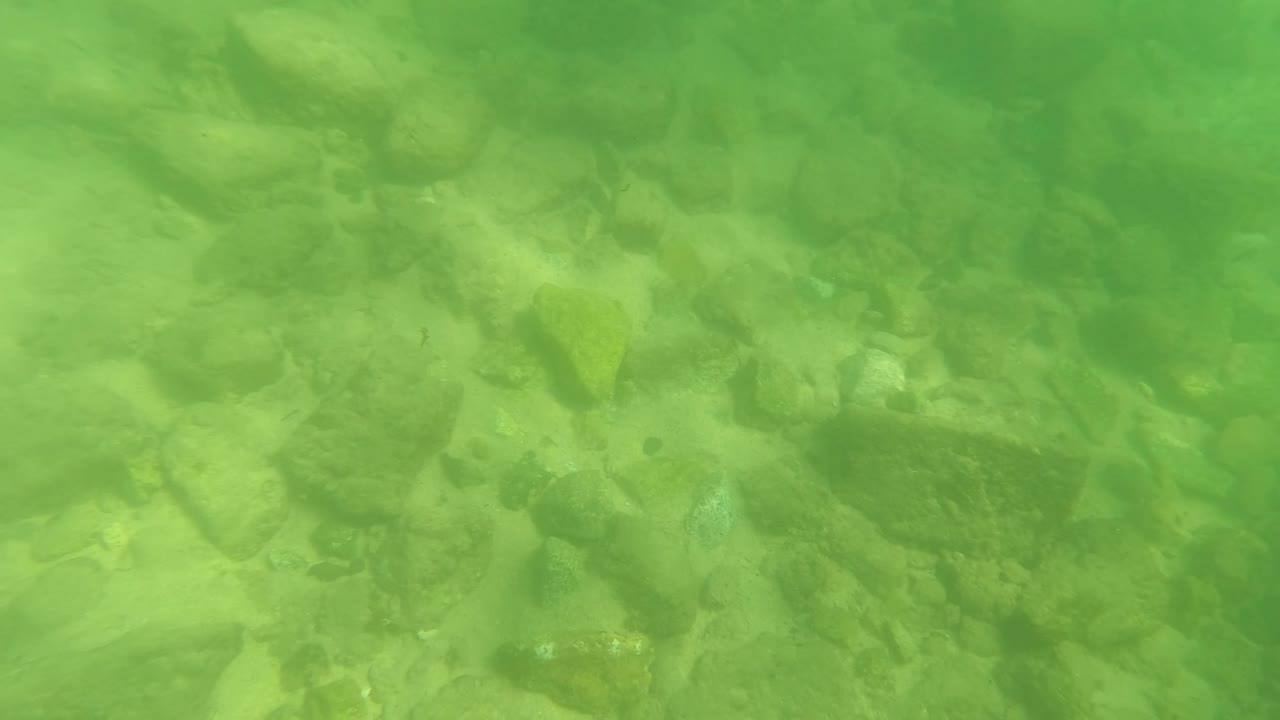 At 0:02, the San Jose del Cabo riverbed remains visible beneath green water, with darker rock clusters and lighter sandy areas, with no visible people.