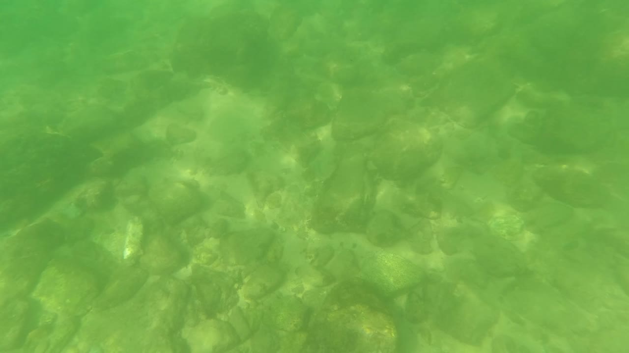 Underwater rocks seen through green water with soft light ripples.
