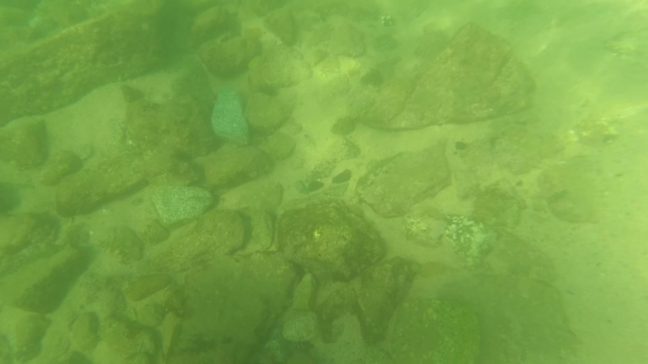 Underwater rocks sit on the seabed in green-tinted water at San Jose Del Cabo, with no visible people in this opening frame.