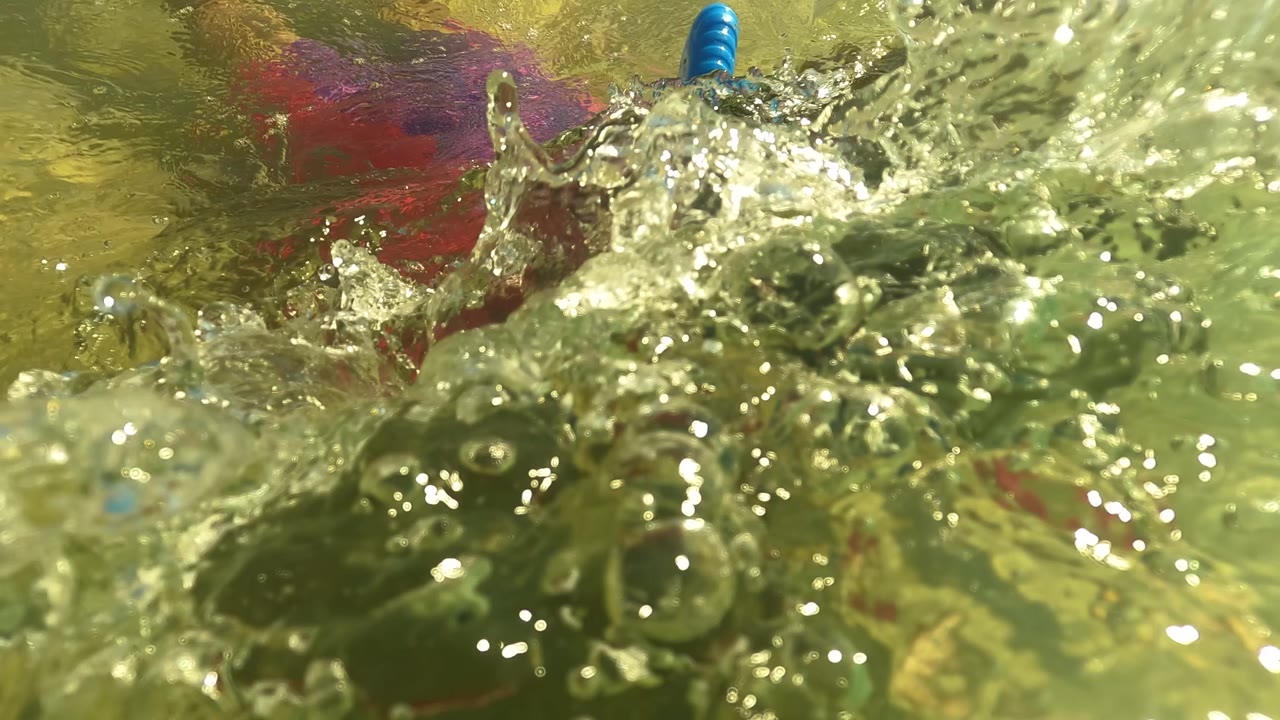 Snorkeler partly underwater amid bubbles and surface splash.