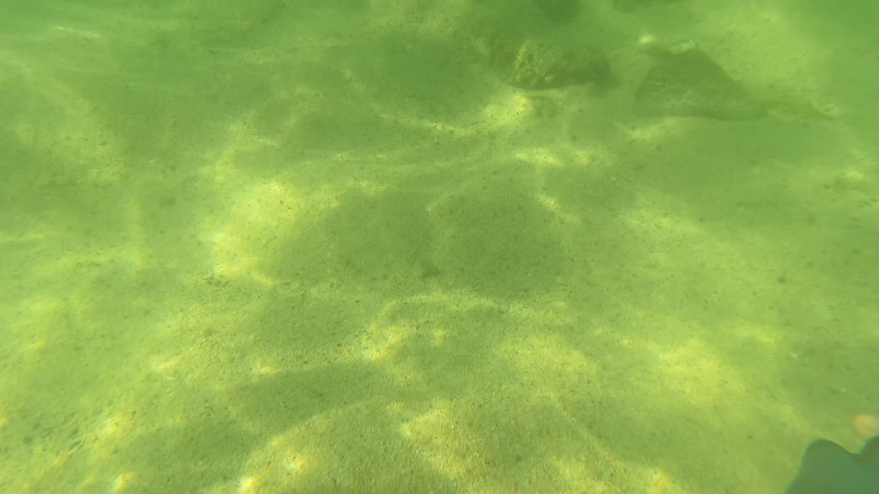 The swimmer is partly obscured by bubbles and rippled green water in San Jose Del Cabo, with bright light patches on the sandy bottom behind the movement.