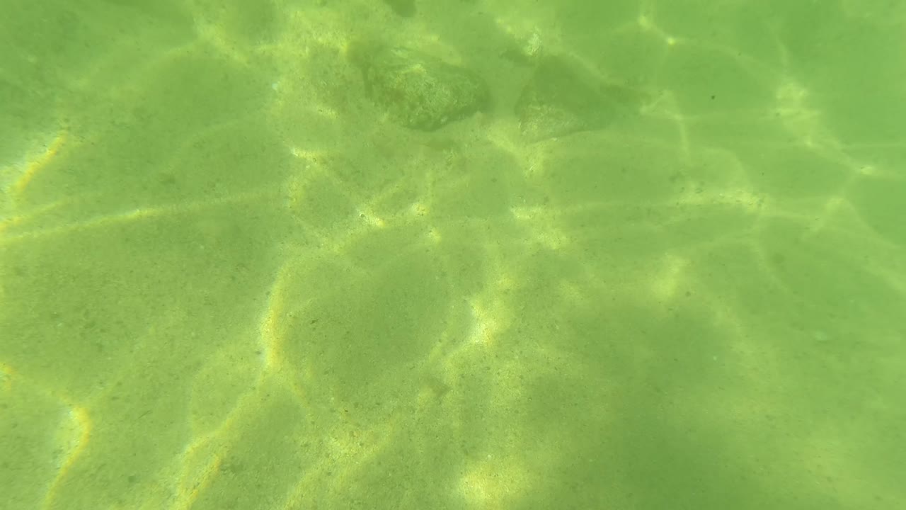 Underwater sand and stones beneath soft green water