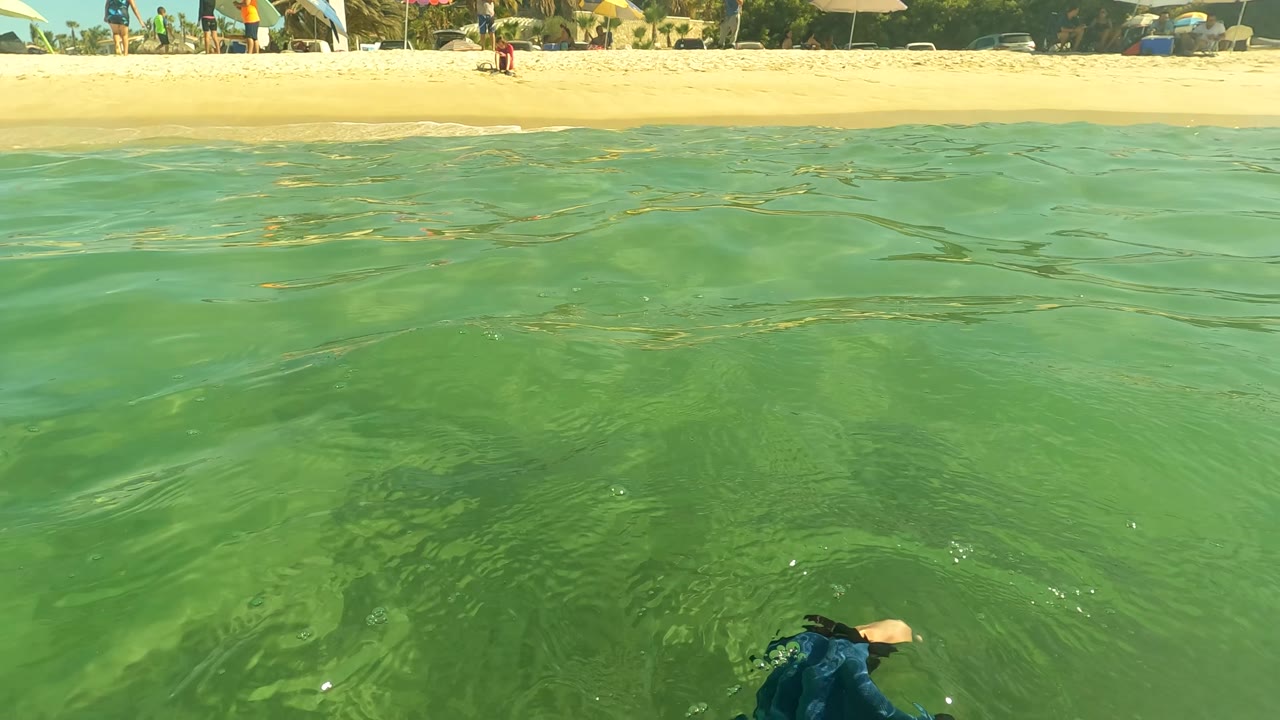 At San Jose Del Cabo, green shallow ocean water fills the foreground while a sandy beach with small visible beachgoers runs along the upper edge and the swimmer's blue hand covering appears low in frame.