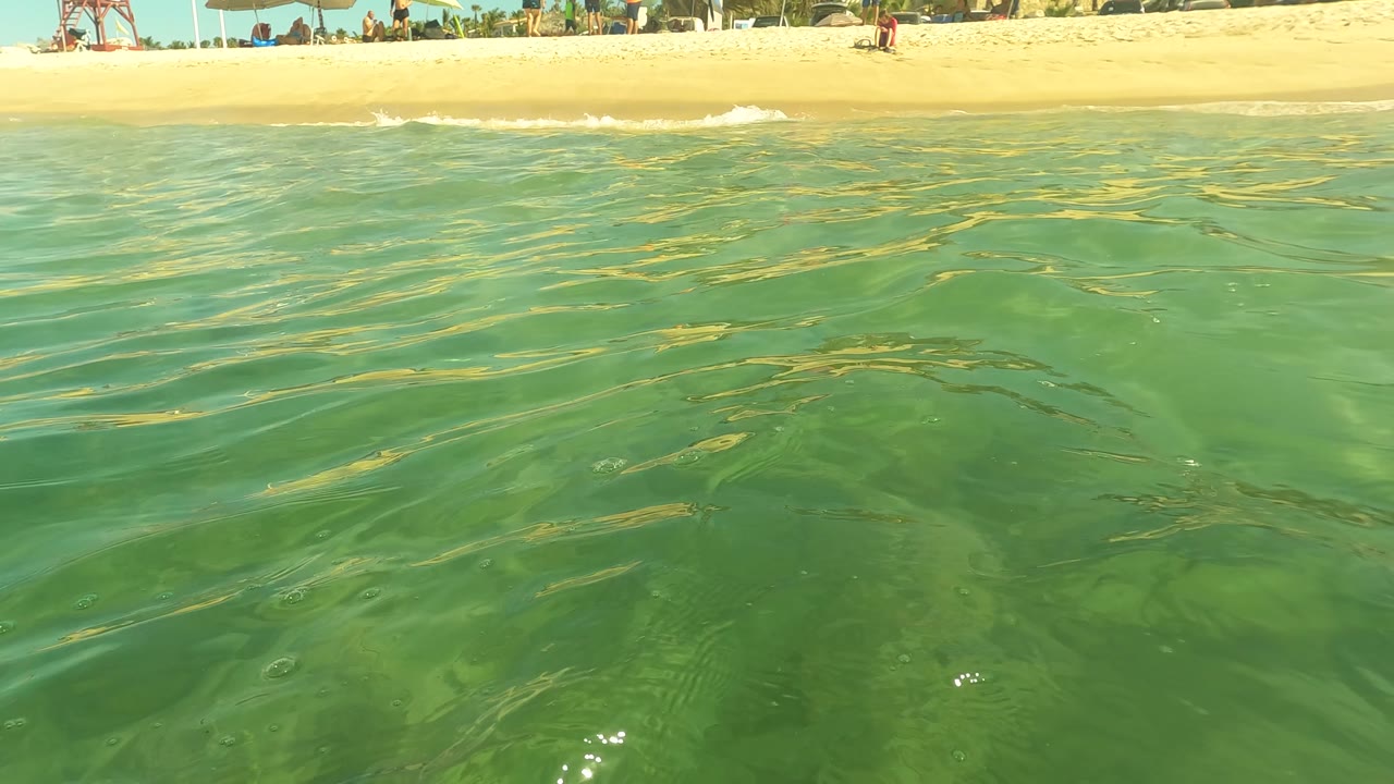 Clear green ocean surface with sandy shoreline and beachgoers across the top of the frame.