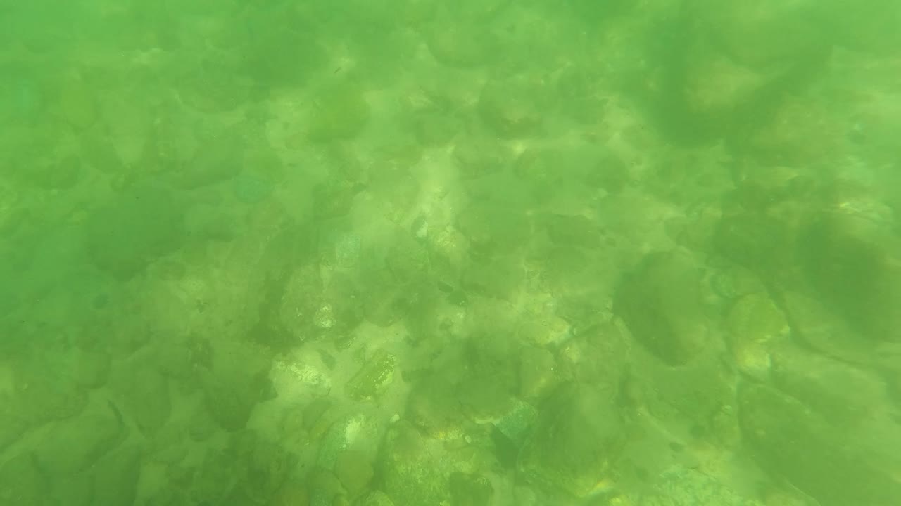 Midpoint frame in San Jose del Cabo shows green water and soft-focus stones beneath the surface, with no visible people.