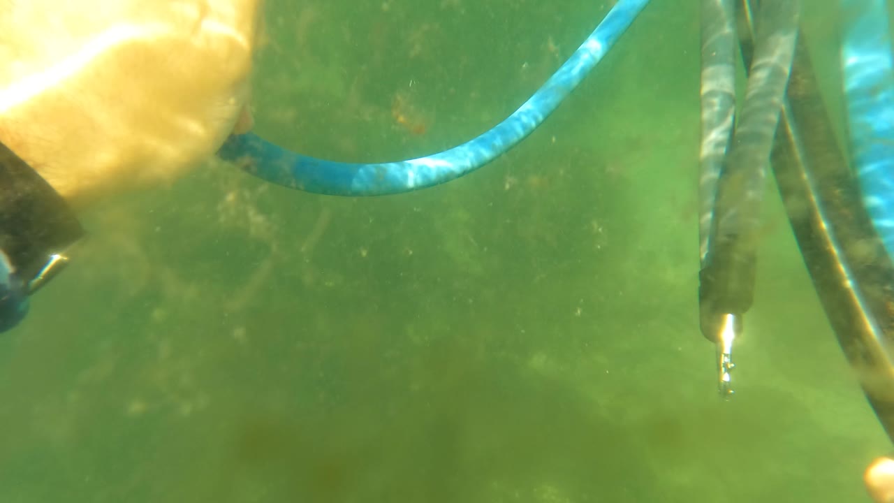 At 0:00 in San Jose del Cabo, a blue hose curves through green water beside a dark metal tool and a partial hand near the left edge, with no visible faces.