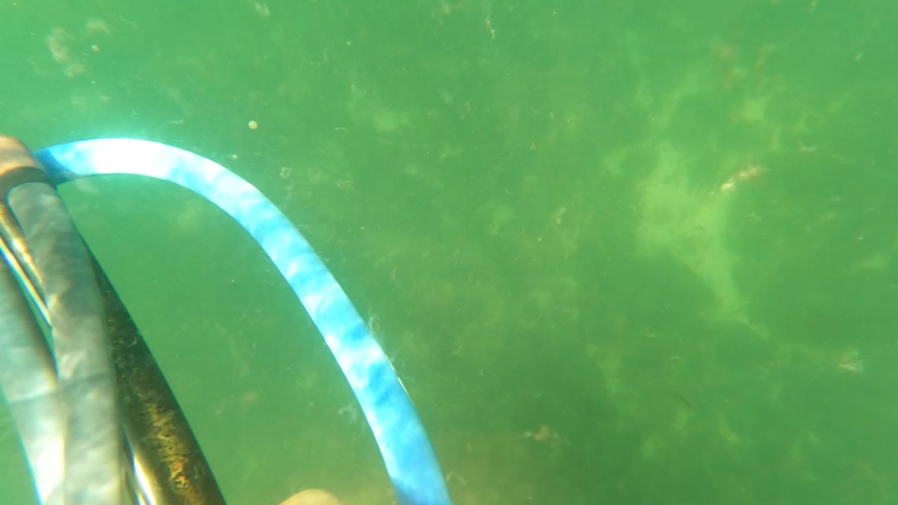 At 0:01 in San Jose del Cabo, Baja California Sur, Mexico, the blue striped hose forms a larger arc beside a dark grip or pipe above the green seabed, with no visible faces.