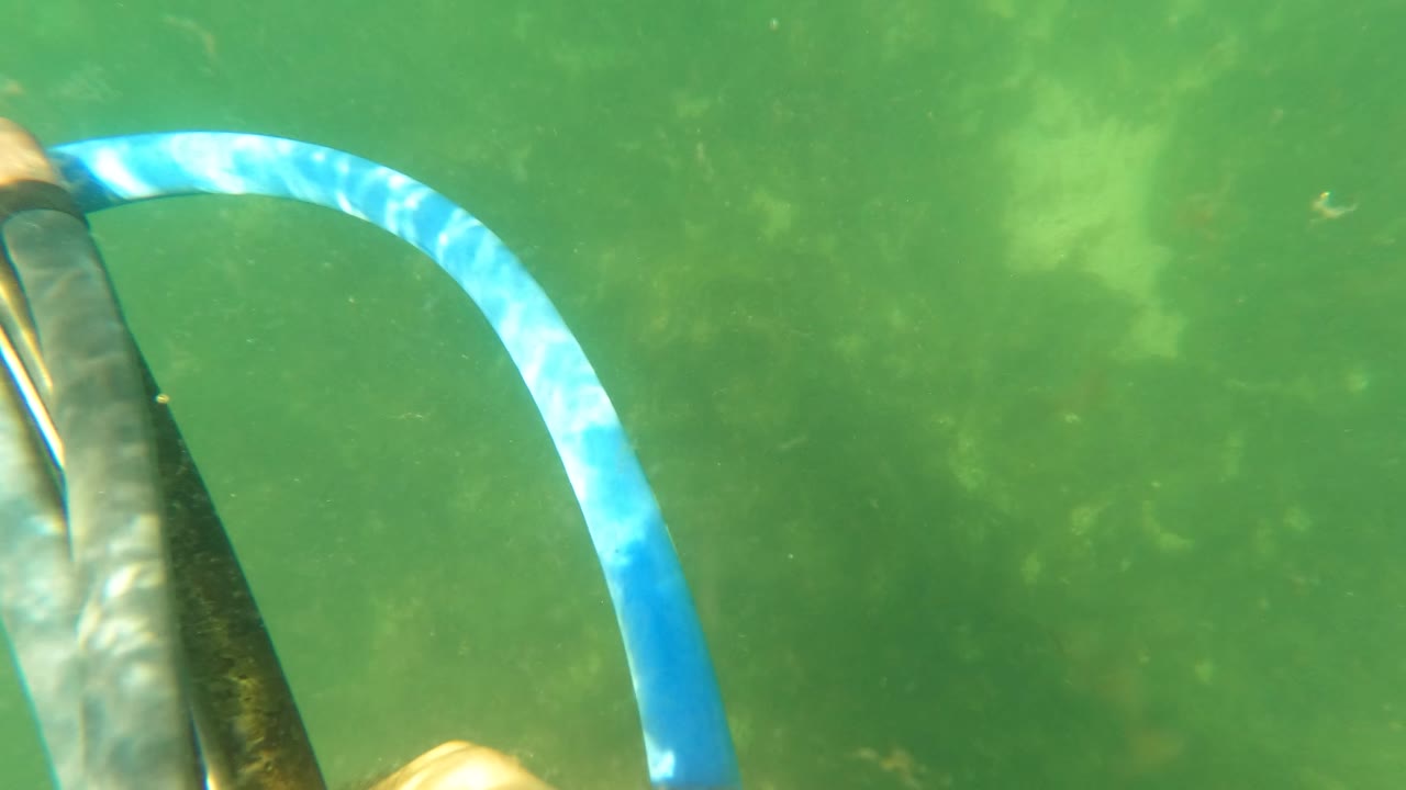 At 0:02 in San Jose del Cabo, Baja California Sur, Mexico, the hose curves across the upper right while a hand and dark grip sit near the lower foreground above the green seabed.