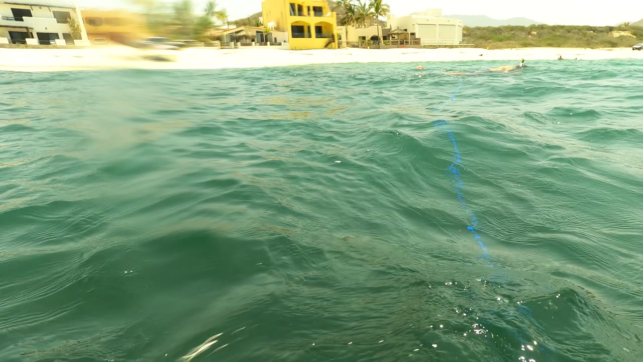 Water-level view in San Jose Del Cabo, Mexico, with green ocean swells in the foreground, a sandy beach and buildings on the horizon, and small swimmers visible offshore.
